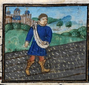 A farmer sowing his seeds to show the month of October in a calendar in the 'De Grey Book of Hours, NLW MS 15537C, f.10 (Digital Mirror).