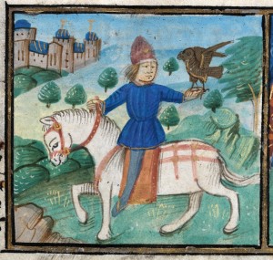 A falconer riding his horse to show the month of May in a calendar in the 'De Grey Book of Hours', NLW MS 15537C, f.5.