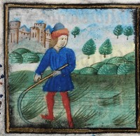 A farmer scything in a calendar in the 'De Grey' Book of Hours, NLW MS 15537C, f.6 (Digital Mirror).
