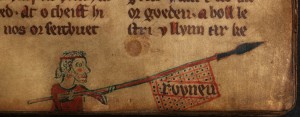 A man holding a spear in a Welsh text of the Laws of Hywel Dda, NLW MS 20143A, f.41r, 14th century.